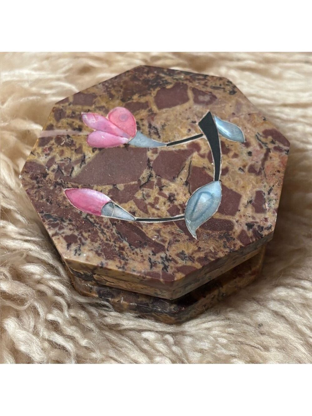 Vintage Octagonal Jewelry Trinket Box with Mother-of-Pearl Floral Inlay